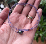 Silver Tahitian pearl on black Australian leather, lasso necklace for women