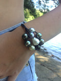Perles de Tahiti et perles d'Australie sur cuir australien - pour femme style hippie chic, melange de perles des mers du sud