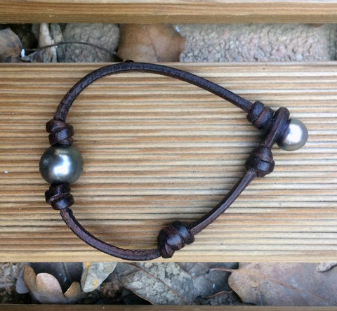 bracelet perle tahiti et cuir pour homme