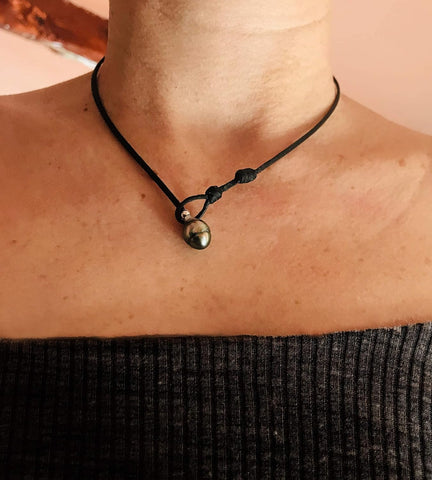 Perle de Tahiti et argent 925 sur cuir australien