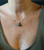 Silver Tahitian pearl on black Australian leather, lasso necklace for women
