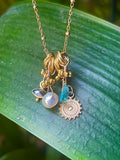 Collier de pierres semi-précieuses, or gold filled, perle de d'eau douce, topaze, labradorite