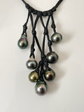 Collier unique 8 perles de Tahiti sur cuir noir tressé
