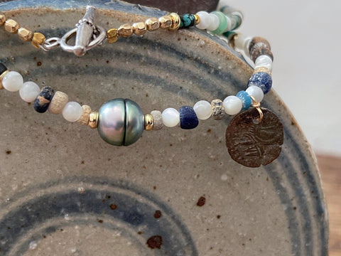 Collier de perles naturelles, antiques, jolie perle de Tahiti, argent 925 et plaqué or