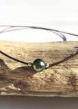 Collier une perle de Tahiti et argent 925 sur cuir australien, ajustable