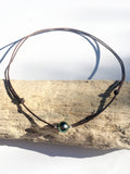 Collier une perle de Tahiti et argent 925 sur cuir australien, ajustable
