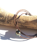 Collier une perle de Tahiti et argent 925 sur cuir australien, ajustable
