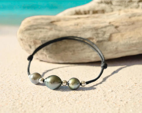 Bracelet perles de Tahiti, argent 925, cuir Australien