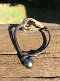 Perle de Tahiti et abalone sur cuir australien, bracelet pour femme original fait main