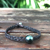 Superbe Perle de Tahiti sur cuir marron foncé tressé, 18 cm, bracelet femme