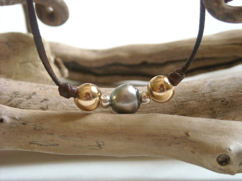 Perle de Tahiti, or gold filled sur cuir australien - Bracelet adaptable femme