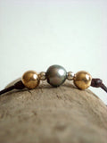 Perle de Tahiti, or gold filled sur cuir australien - Bracelet adaptable femme