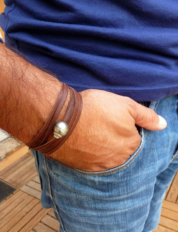 Perle de Tahiti, bracelet homme ajustable, cuir australien, fermoir argent massif