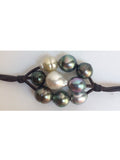 Perles de Tahiti et perles d'Australie sur cuir australien - pour femme style hippie chic, melange de perles des mers du sud